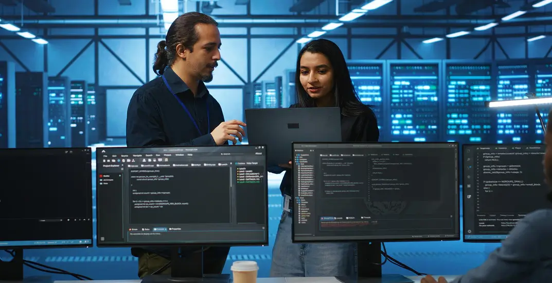 Two IT professionals discussing code on a laptop in a server room with monitors displaying code.